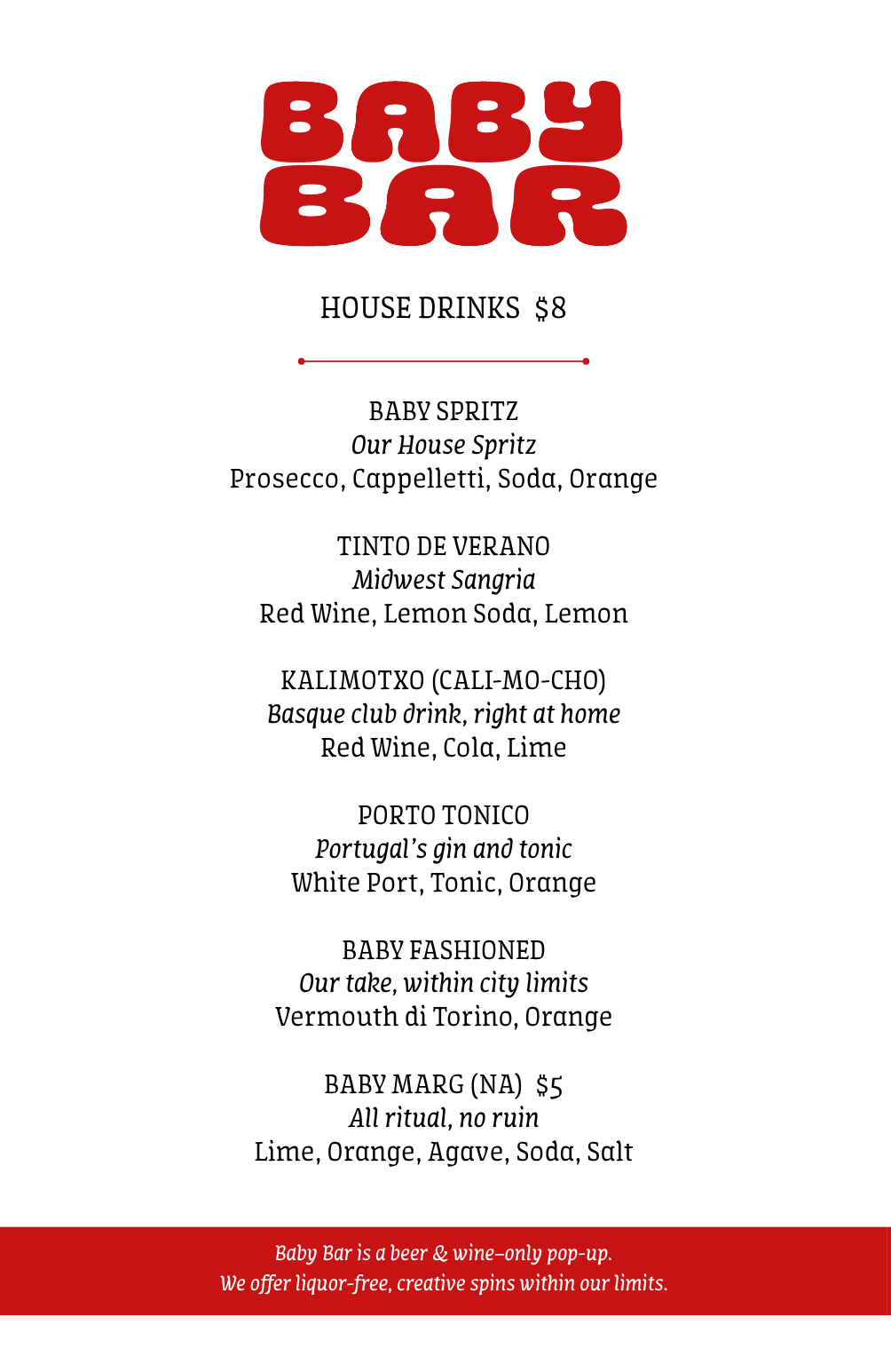 BABYBAR house drinks menu