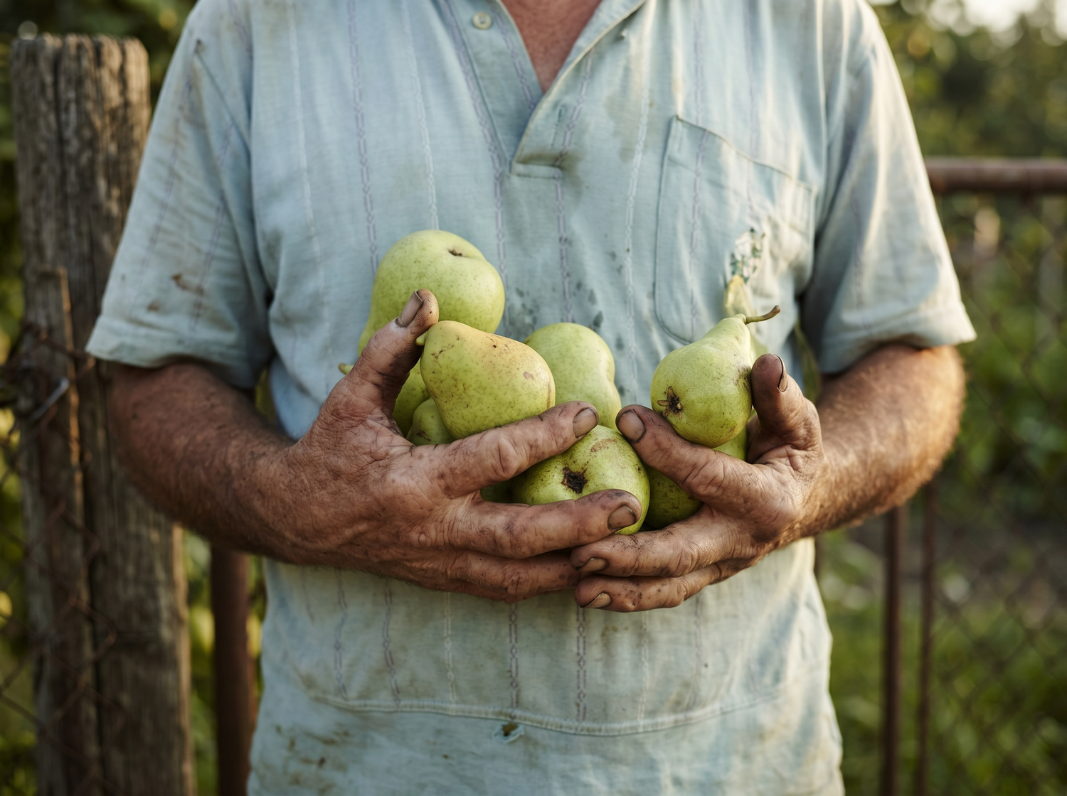 Farmer's weathered hands holding fresh pears