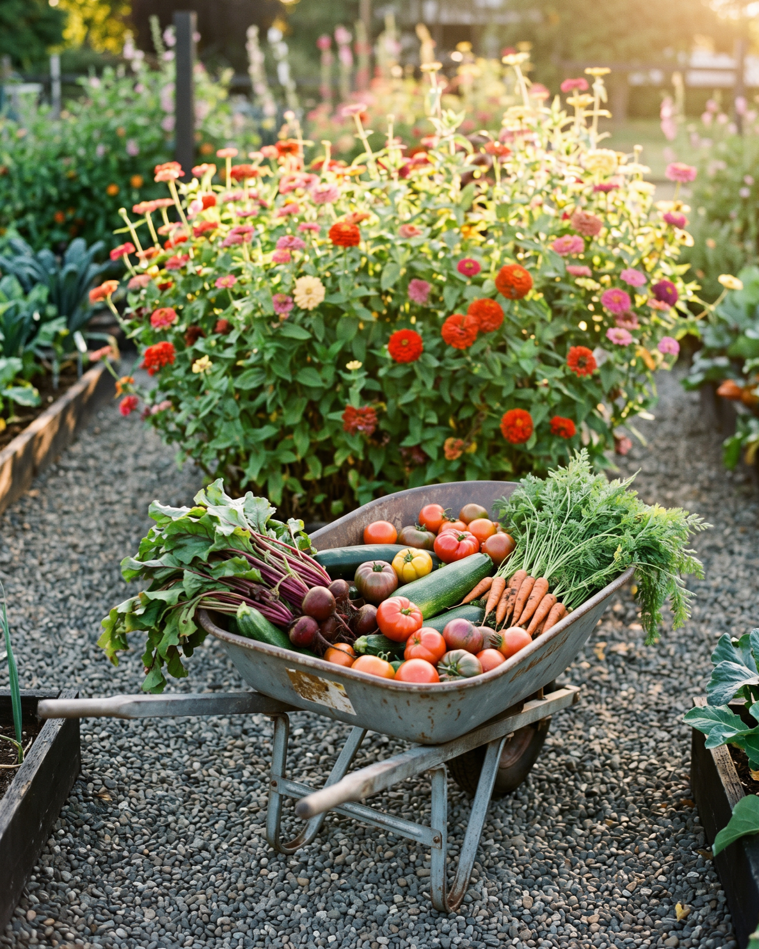 Wheelbarrow filled with a farm harvest