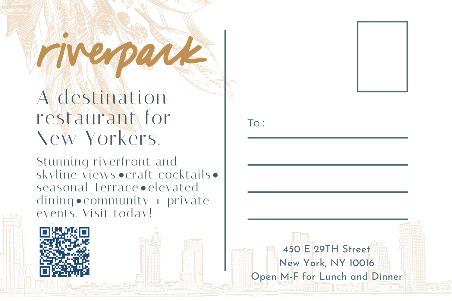 Riverpark printed postcard collateral