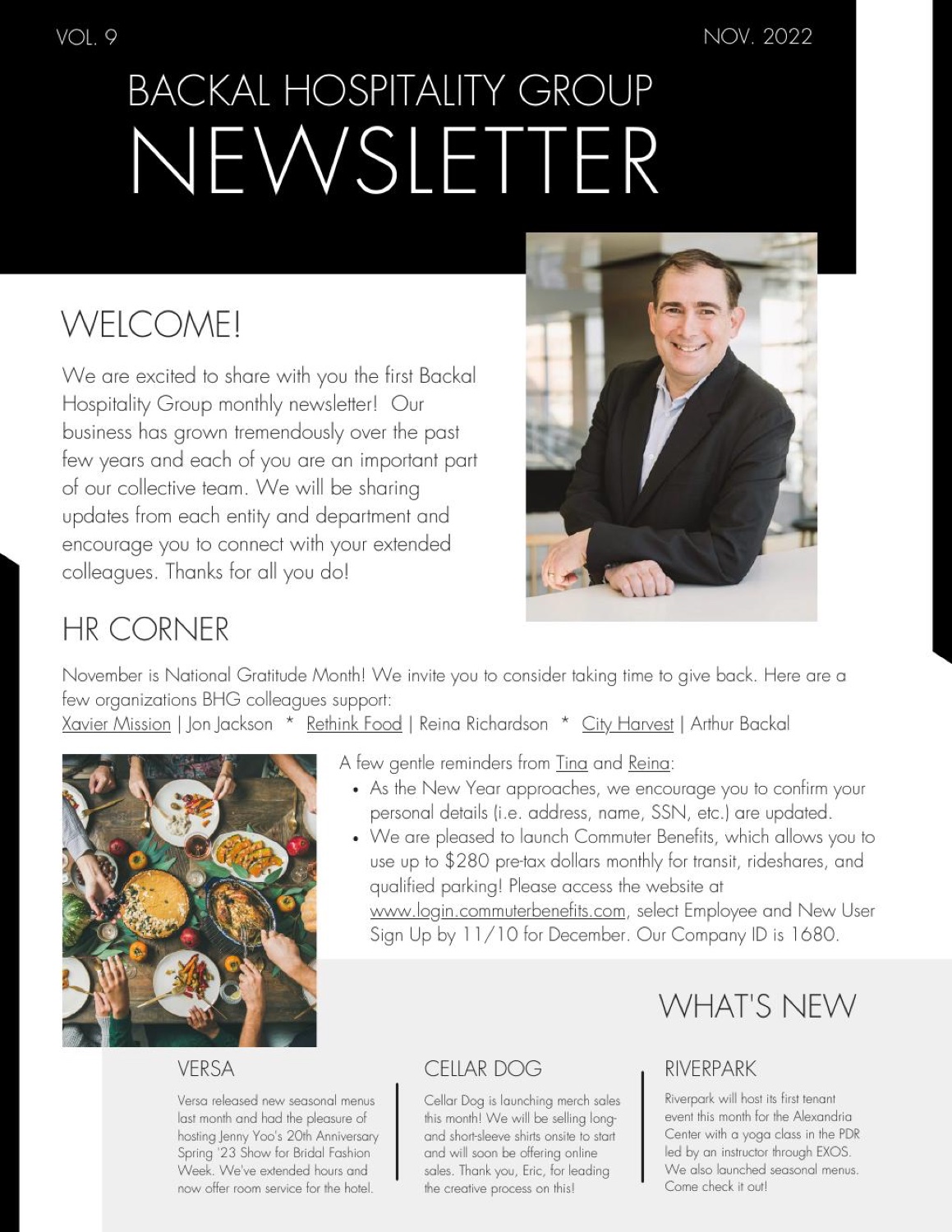 Hospitality group monthly newsletter cover and updates