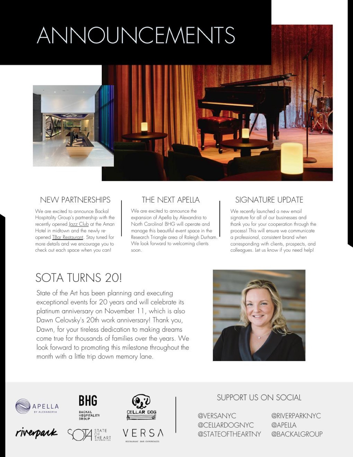 Hospitality group newsletter announcements page