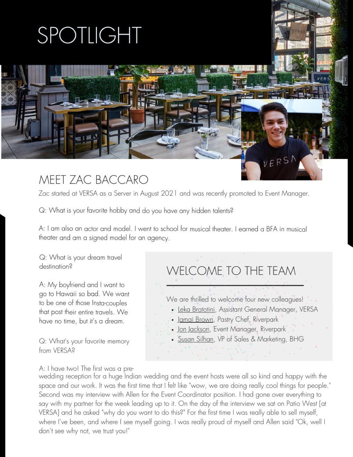 Hospitality group newsletter employee spotlight page