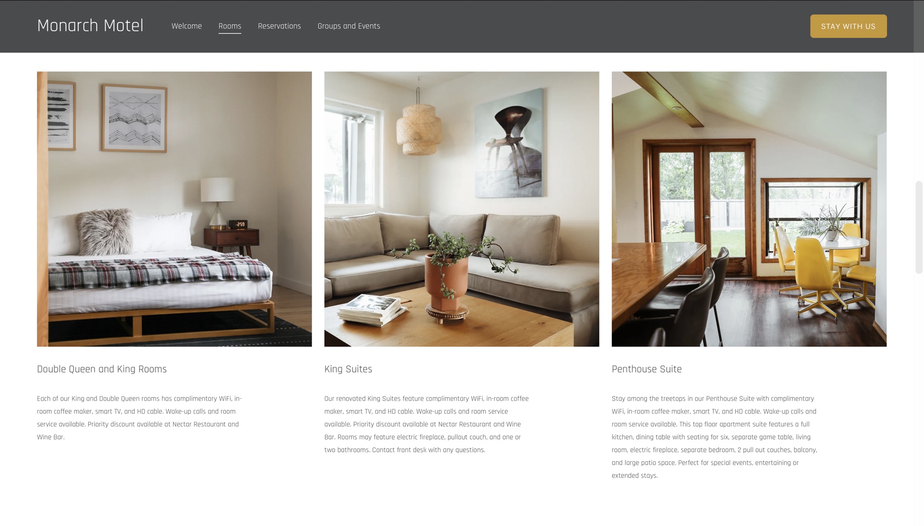 The Monarch Motel rooms page designed and built by Halle Gilbert