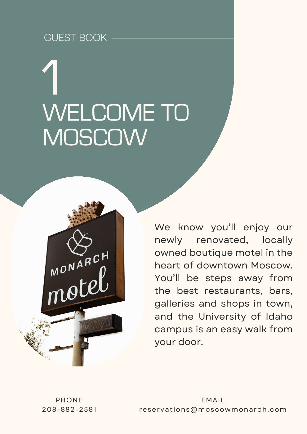Welcome to Moscow page from The Monarch Motel welcome book