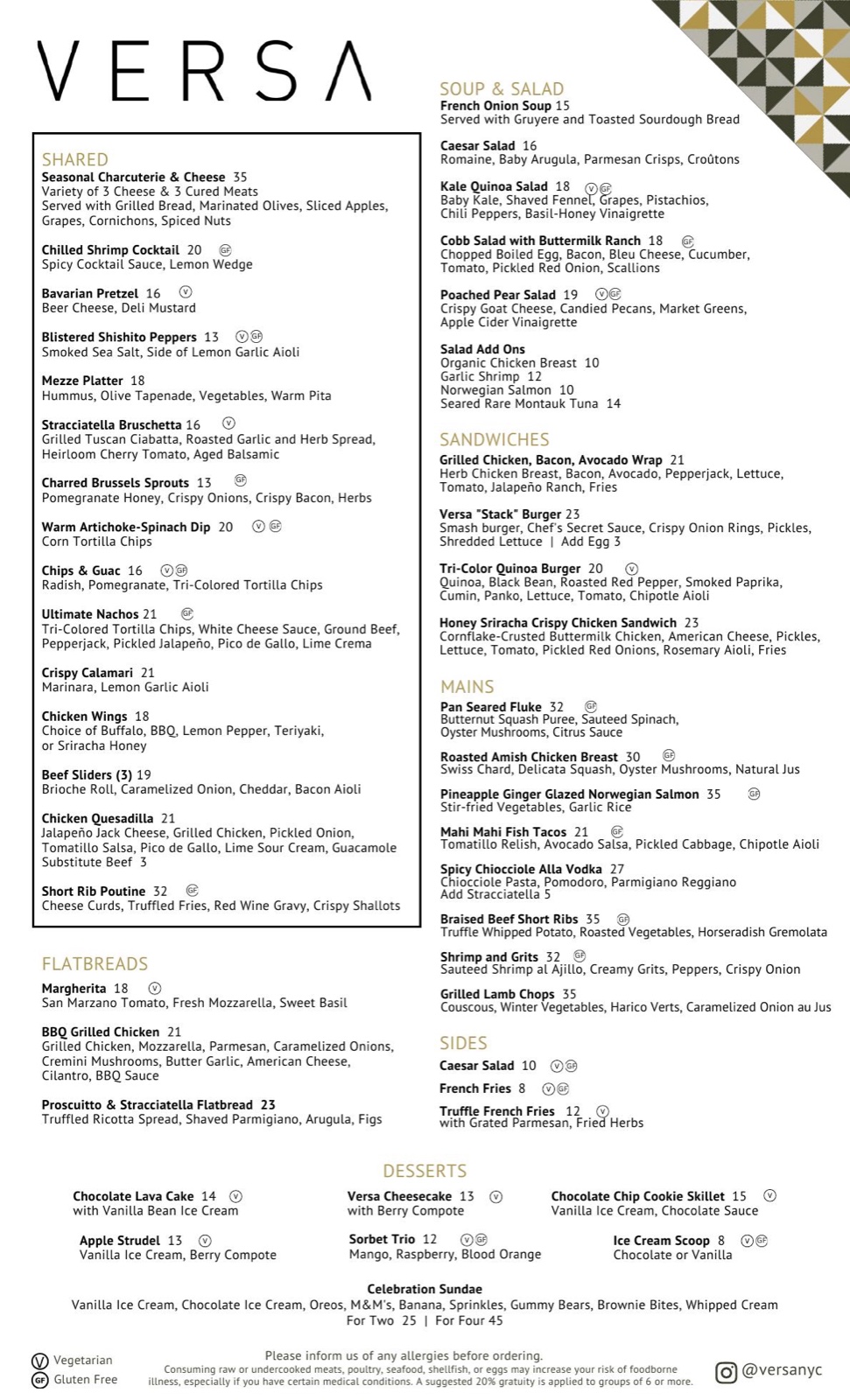 Versa all-day restaurant menu